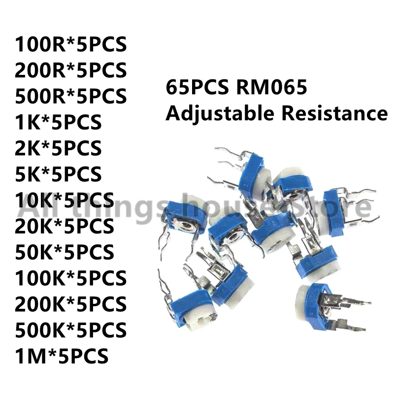 65PCS Trimmer Potentiometer RM065 Adjustable Resistance 100R~1M Potentiometers 1K 5K 10K 20K 50K 100K 500K 1M Variable Resistors