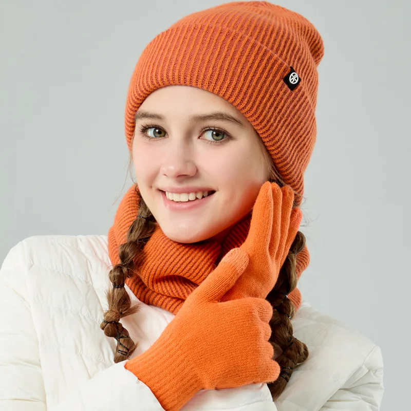 النساء الرجال 3 قطعة القبعات الشتوية مجموعة قفازات سنود بسيطة بلون بيني النساء رجل الشتاء قبعات مجموعة الأغطية Skullies سميكة الدافئة #2