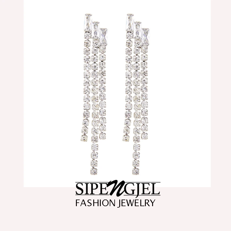 SIPENGJEL Rhinestone Crystal Tassel Bridal Long Earrings for Women Party Drop Dangling Earrings Wedding Jewelry