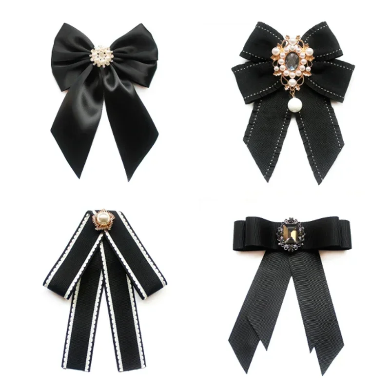 New Ribbon Bow Tie for Women Girls Rhinestone Pearl Bow Blouse Collar Pin Brooch Bowknot School Student Shirt Bowtie Accessories