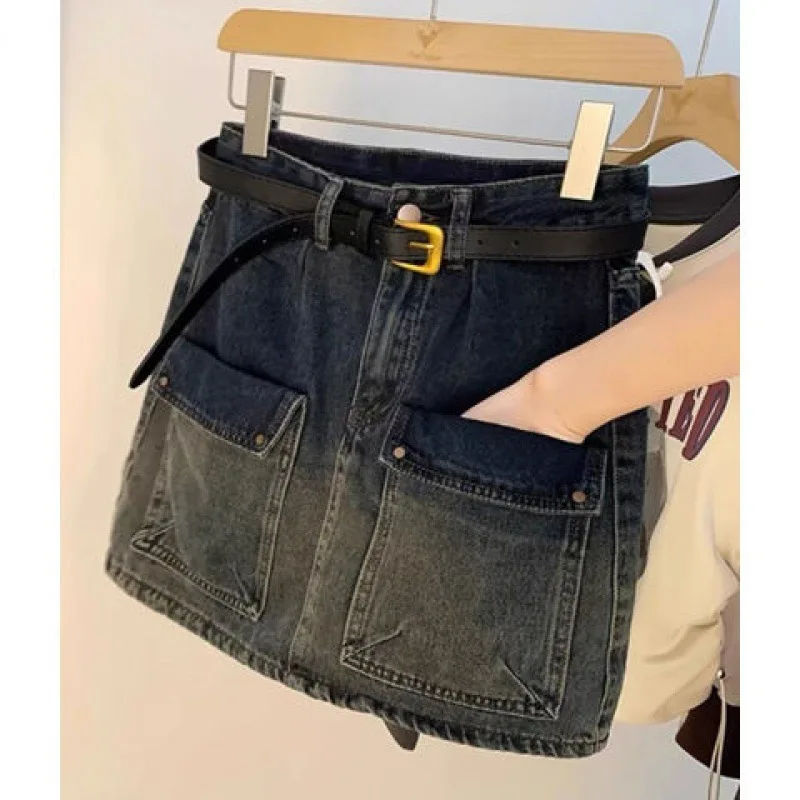 Denim skirt for women's spring new design  niche, high waisted and buttocks wrapped skirt, A-line workwear short