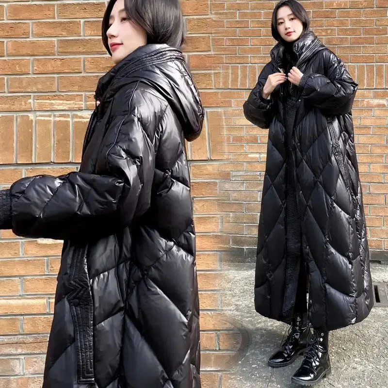 New Winter Black Hooded Down Jacket Womens Loose Thick Warm High-Grade 90% White Duck Down Coat Long Female Snow Parker Overcoat