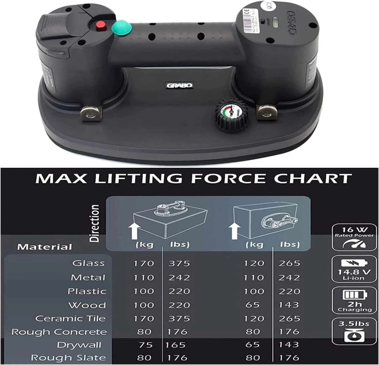 Electric Vacuum Suction Cup Lifter with 375 lb Maximum Load Capacity, Includes Battery and Seal,Tool