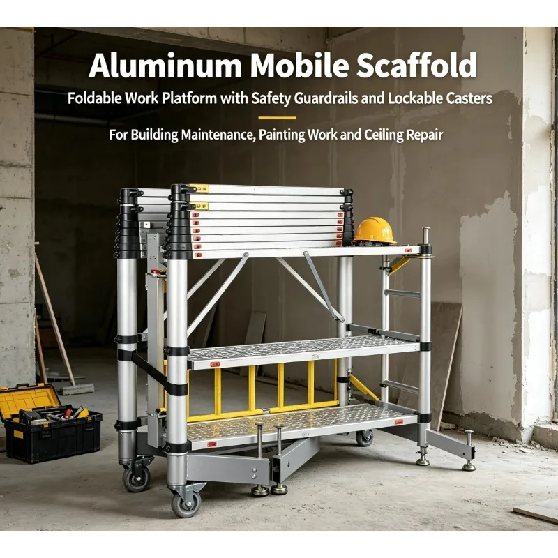 3‑Section Telescopic Aluminum Mobile Tower Scaffolding Ladder Portable Working Platform CE Certified Construction Accessory