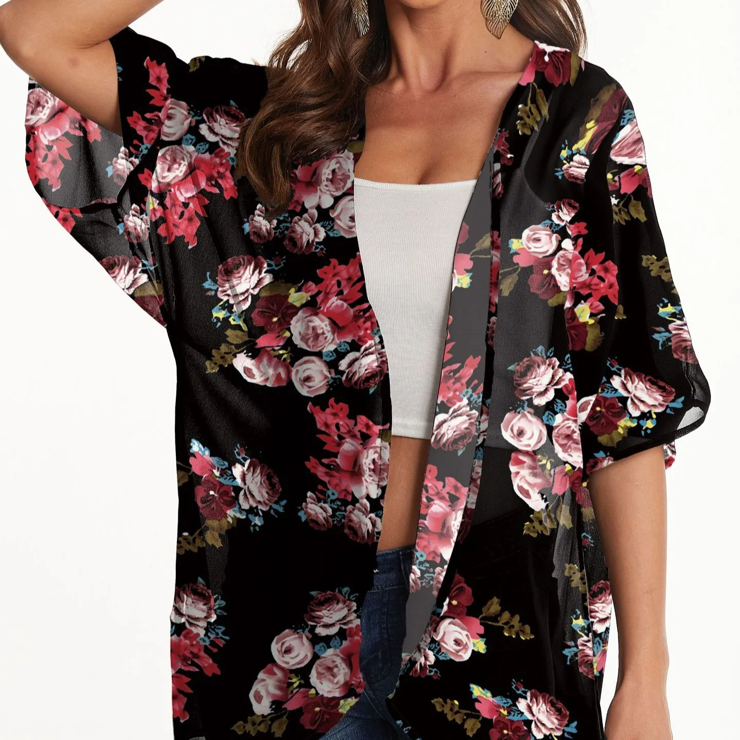 Cardigan kimono in chiffon leggero con stampa floreale taglie forti da donna manica corta ampia da spiaggia camicetta copricostume top taglie forti