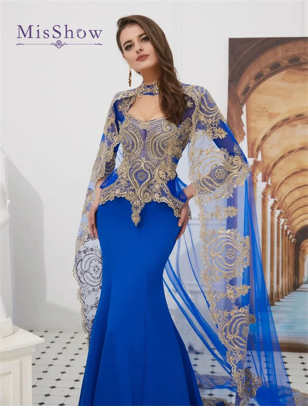 MisShow Gold Embroidery Mermaid Evening Dresses with Detachable Cape Long Sleeve Tulle Arabic Formal Prom Party Gowns Women