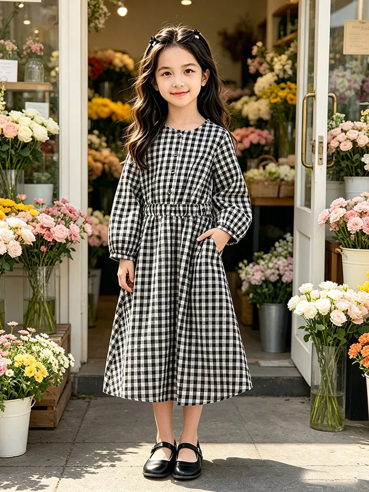 

Elegant Girls Black White Gingham Dresses Long Sleeve Dress Shirt Dress For Back To School Cotton School Casual Wear Clothes