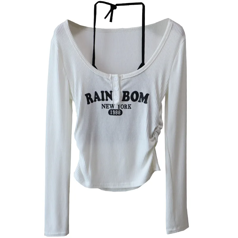 Amerikanischen Brief Drucken Neline Lange Sve ort T-shirt Frauen Frühen Herbst Neue Sle Abnehmen ort oulder Bared Top