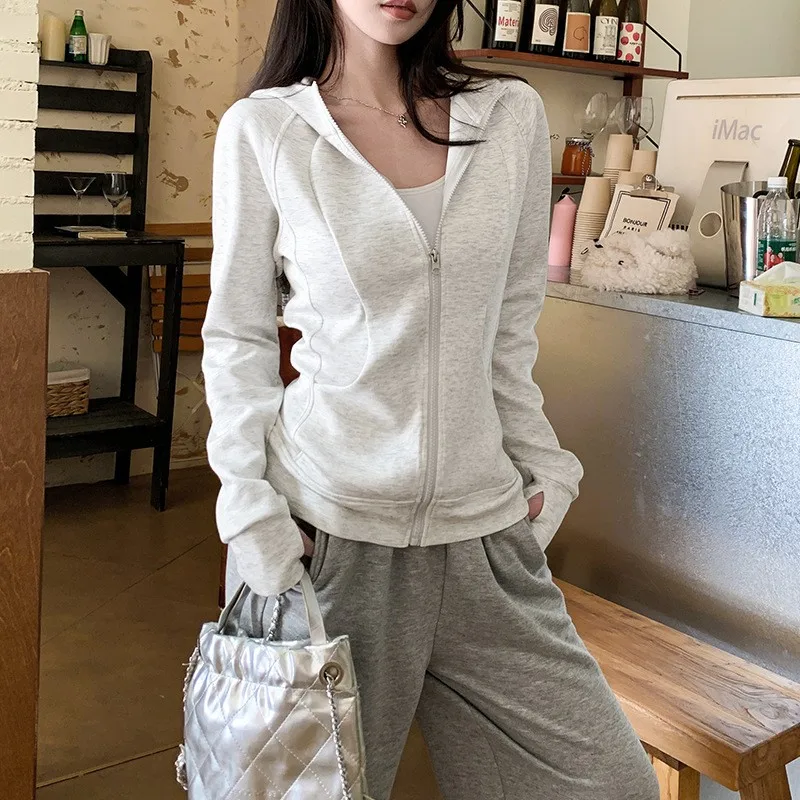 Women Hoodie Zip-up Solid Gray Hooded Sweatshirt Long Sleeve Kangaroo Pocket Sweatshirt Drop Shoulder Cuffed Sleeve Cardigan