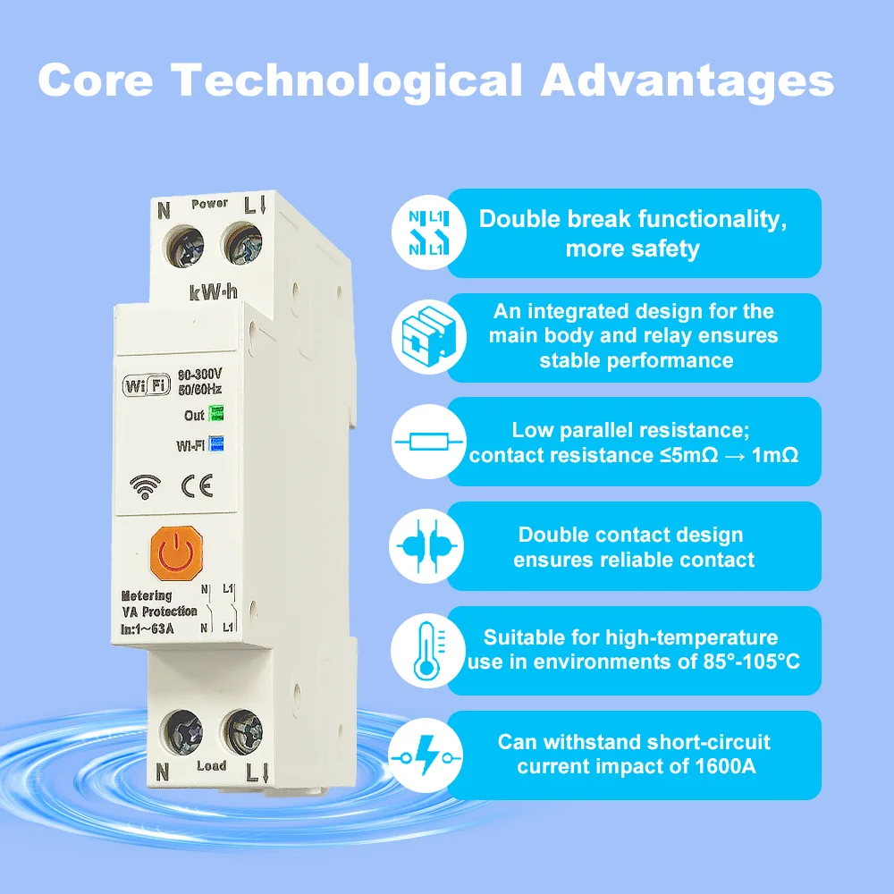 Manhot Tuya 63A 1P+N WIFI Smart Circuit Breaker Energy Meter Kwh Metering Monitoring Voltage Current  Protector Remote Control