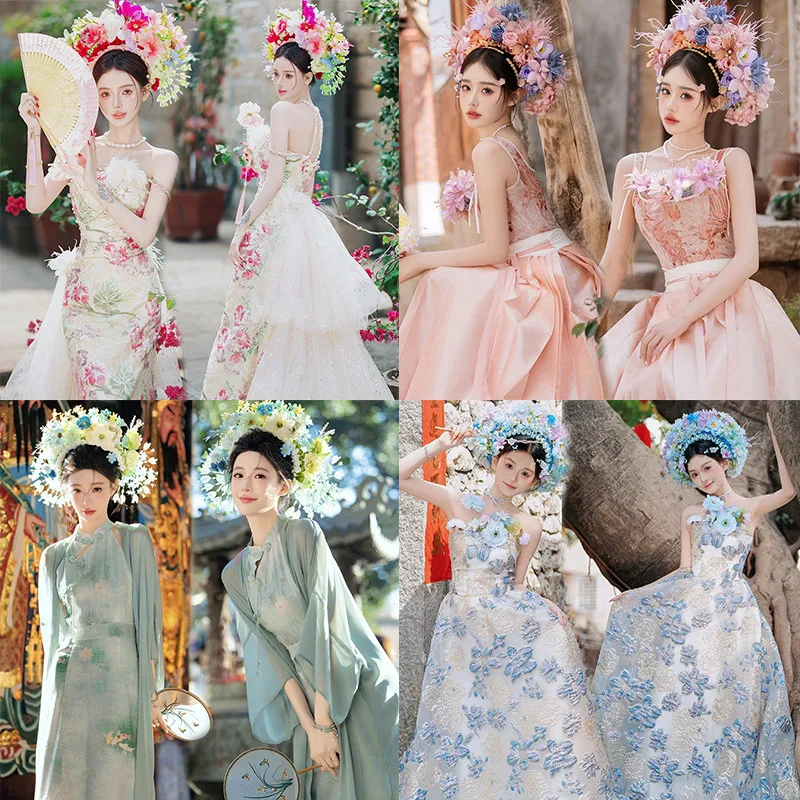 

Розовая женская одежда с цветочным принтом и заколкой для волос, юбка с нагрудным ремнем для фотосессий в путешествиях, традиционная китайская этническая одежда