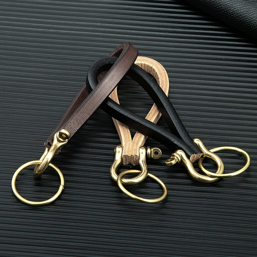 MKENDN Vintage Brass Keychain Handmade Genuine Leather Horseshoe Buckle Car Keychain Lanyard Women Men Accessories Handmade Gift