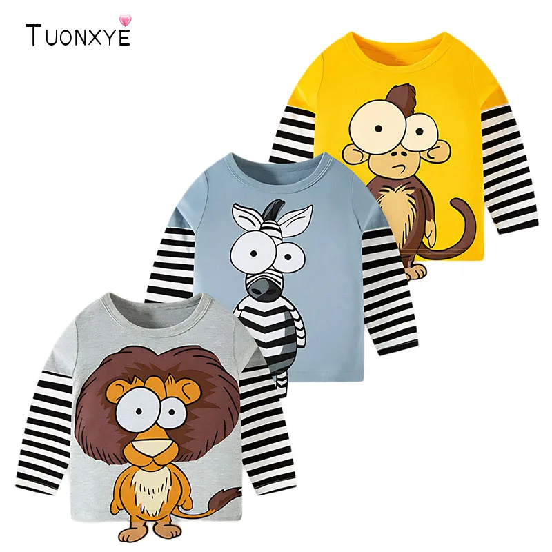 TUONXYE Jungen Kinder T-Shirts Cartoon Niedliches Tiermuster Streifenhemden Lässiger Rundhalsausschnitt für Langarm Top Sportkleidung
