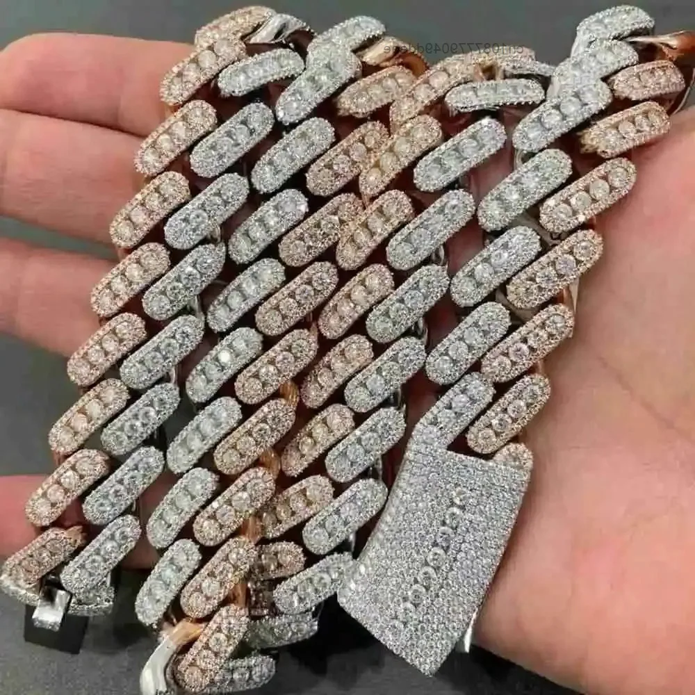 

Hip Hop 925 Silver 14mm Width Three Rows Moissanite Miami Cuban Link Chain Necklace
