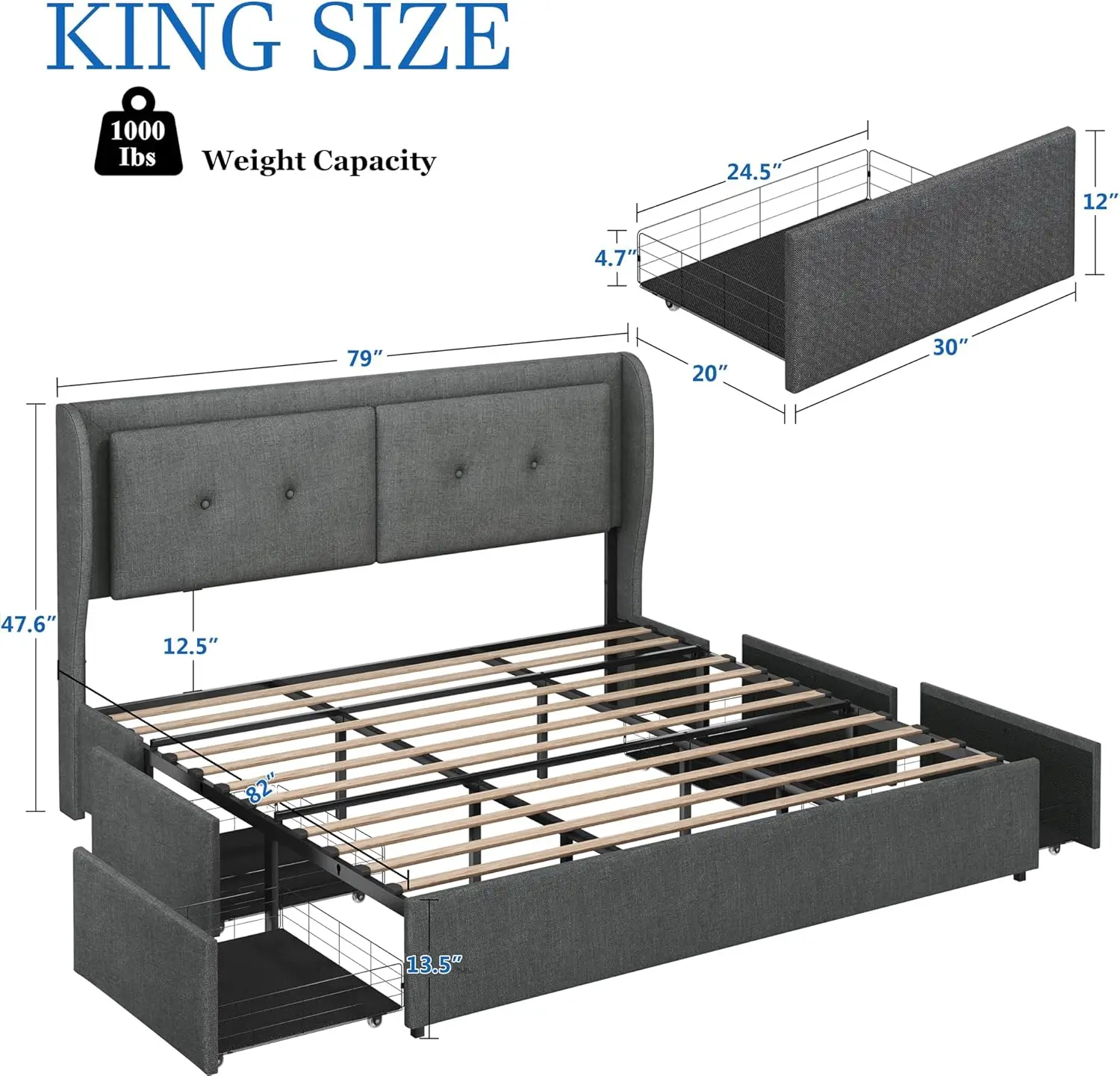 Bedframe Met Opslag, Led Full Bed Frame En Vleugelverdedigingshoofdeinde, Gestoffeerd Platform Met Laden, Geen Boxspring Nodig