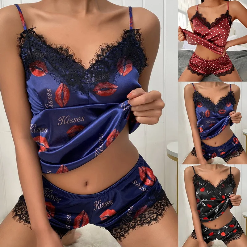 Summer Women Sexy Pajamas Set Satin Silk Lace Cami Vest Home Clothes Tops And Shorts Sleepwear For Female