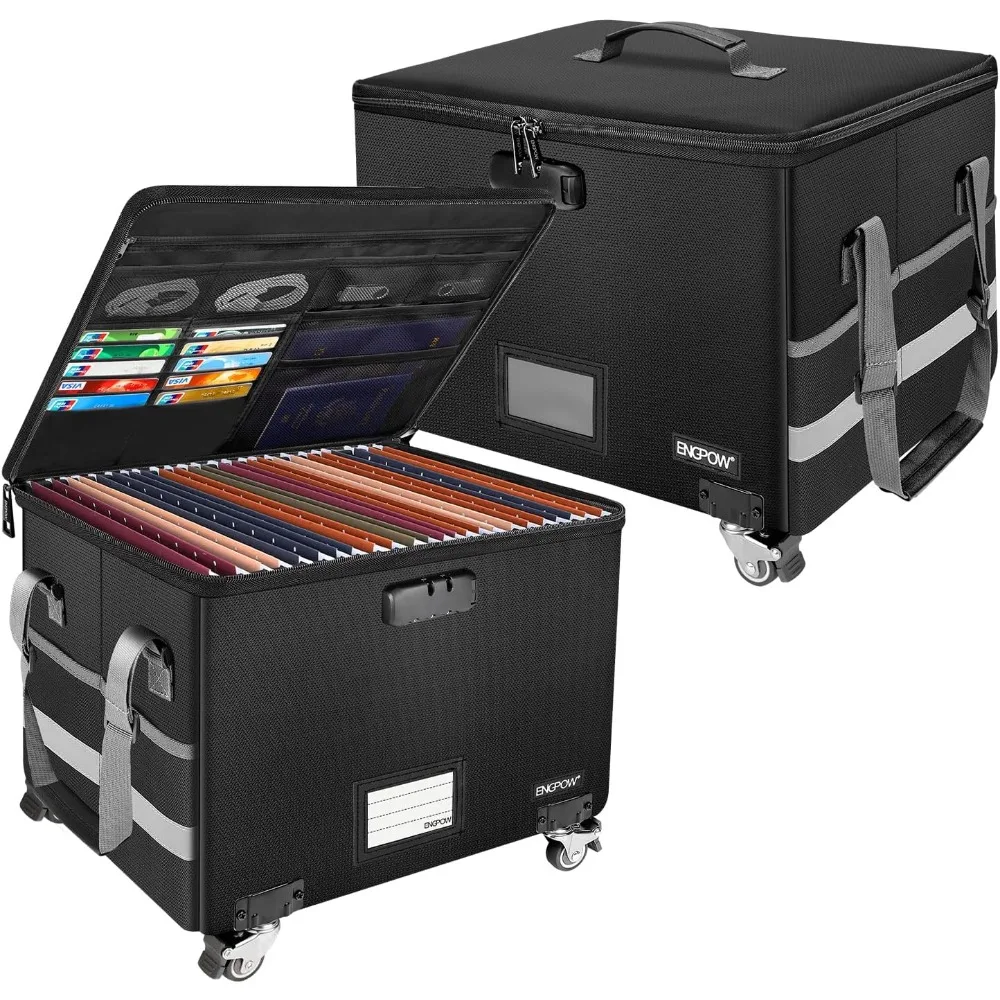 

Fireproof Document Box with Wheels, Collapsible File Box with Lock, Rolling File Storage Organizer Filing Cabinet with Pockets,