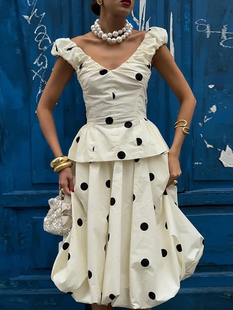 

Elegant Polka Dot Ruffles Top Skirt Set Women Pleated V-neck Sleeveless Vest A-line Puffy Midi Skirts 2026 Summer Lady Outfits