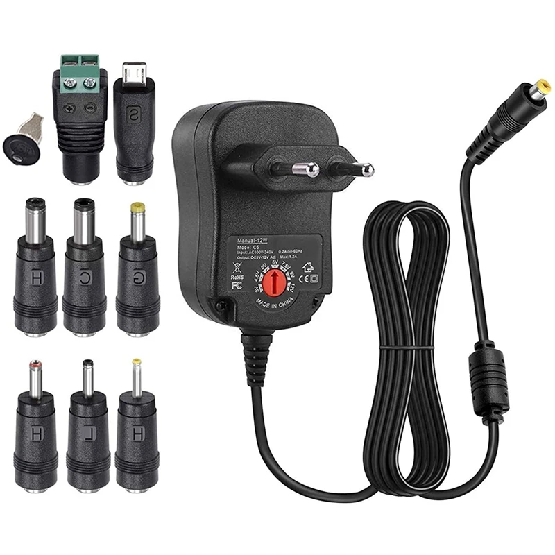 Portable Power Supply, 12W Universal AC/DC Adapter Switching Power Supply with 8 Different Adapter Heads 3V-12V EU Plug