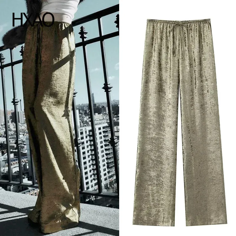 

HXAO Metal Pants For Women High Waist Baggy Pants Autumn Elastic Waist Wide Leg Pants Spring Fluid Pants Metallic New In Pants