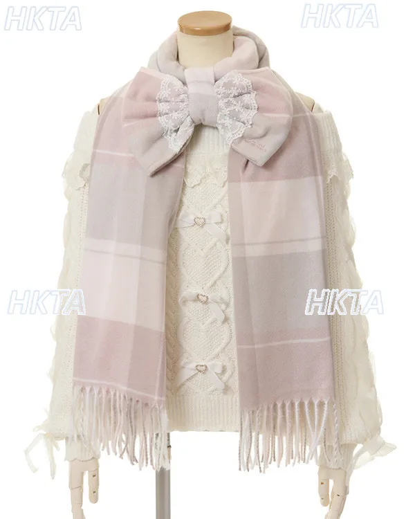 Japanese Style Liz Scarf Mine Mass Production Lace Bow Embroidered Letter Plaid Scarf 2026 Spring New Lolita Girls Scarves Shawl