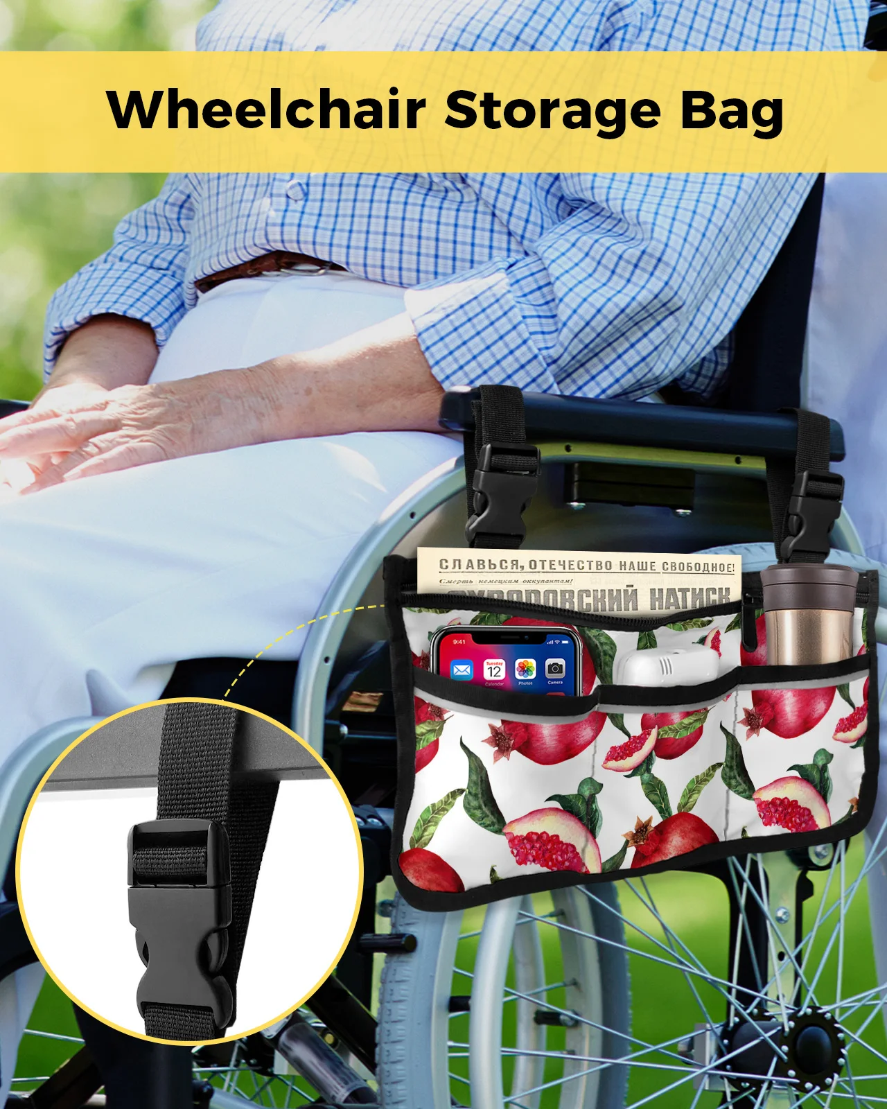 Summer Fruit Red Pomegranate Green Leaf Wheelchair Bag Armrest  Side Bags Electric Scooter Walking Frame Storage Pouch