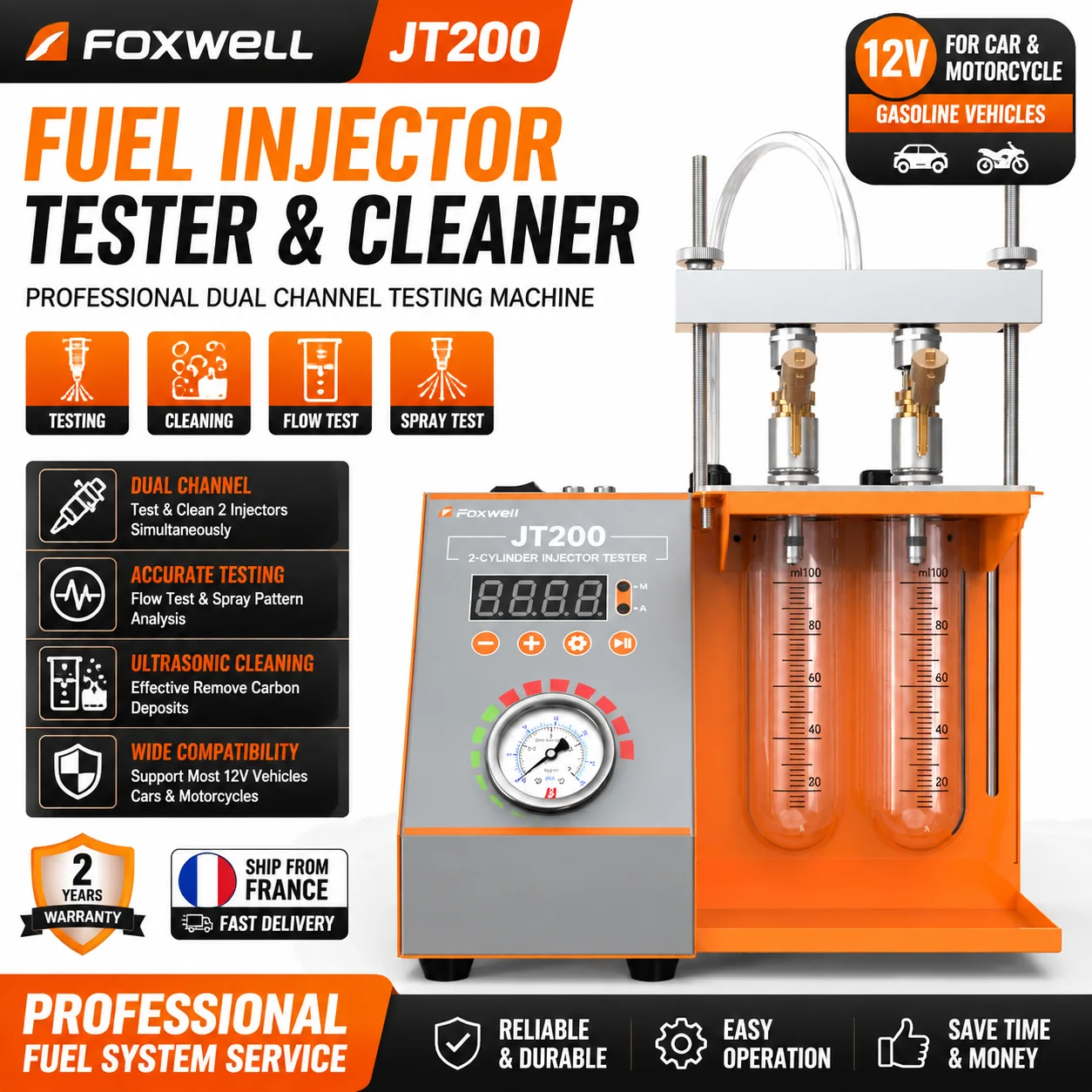 FOXWELL JT200 Kraftstoffeinspritzungs-Tester und Reinigungsgerät Zweikanal-Einspritzungstestwerkzeug 12V Automobil- und Motorrad-Einspritzdüsen-Reinigungsgerät