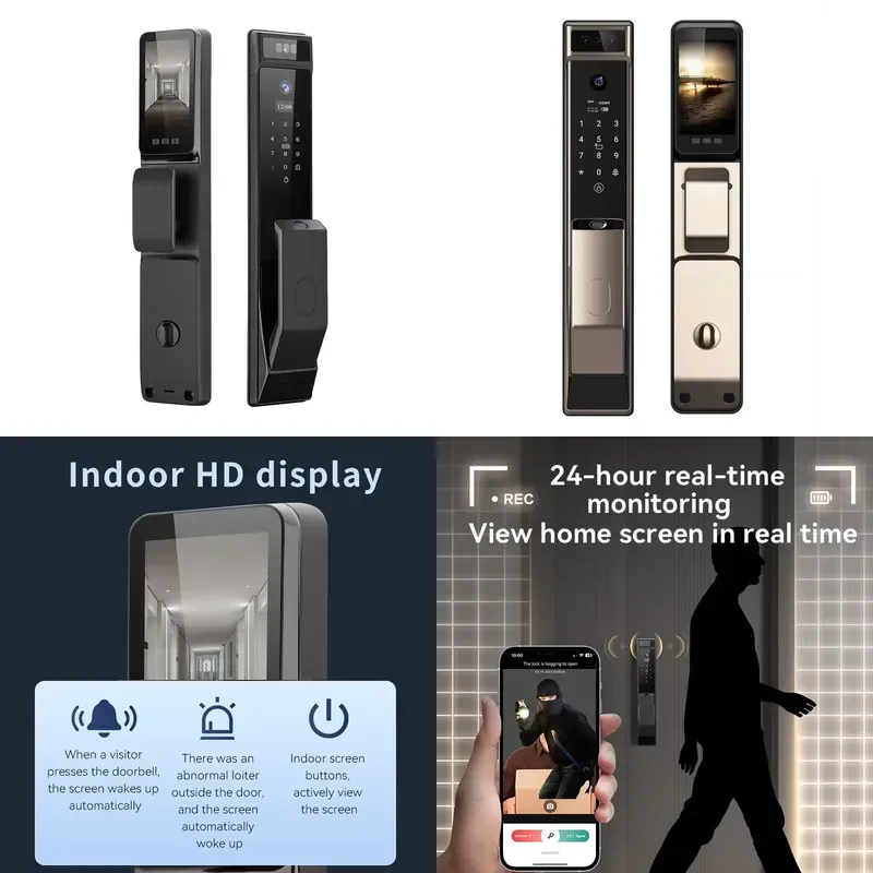 3D Gold Cat Eye Smart Fingerprint Password WiFi Connected Wood Door Memory Card Home Security System