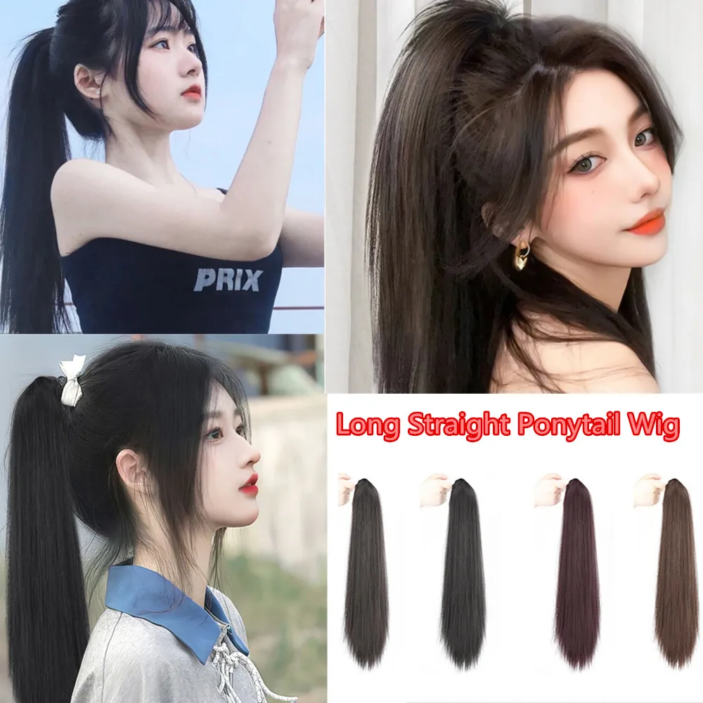 Wig ekstensi rambut ekor kuda 50 CM, sambungan rambut cakar palsu panjang wanita Natural, potongan lurus untuk wanita, Wig kepang dopamin