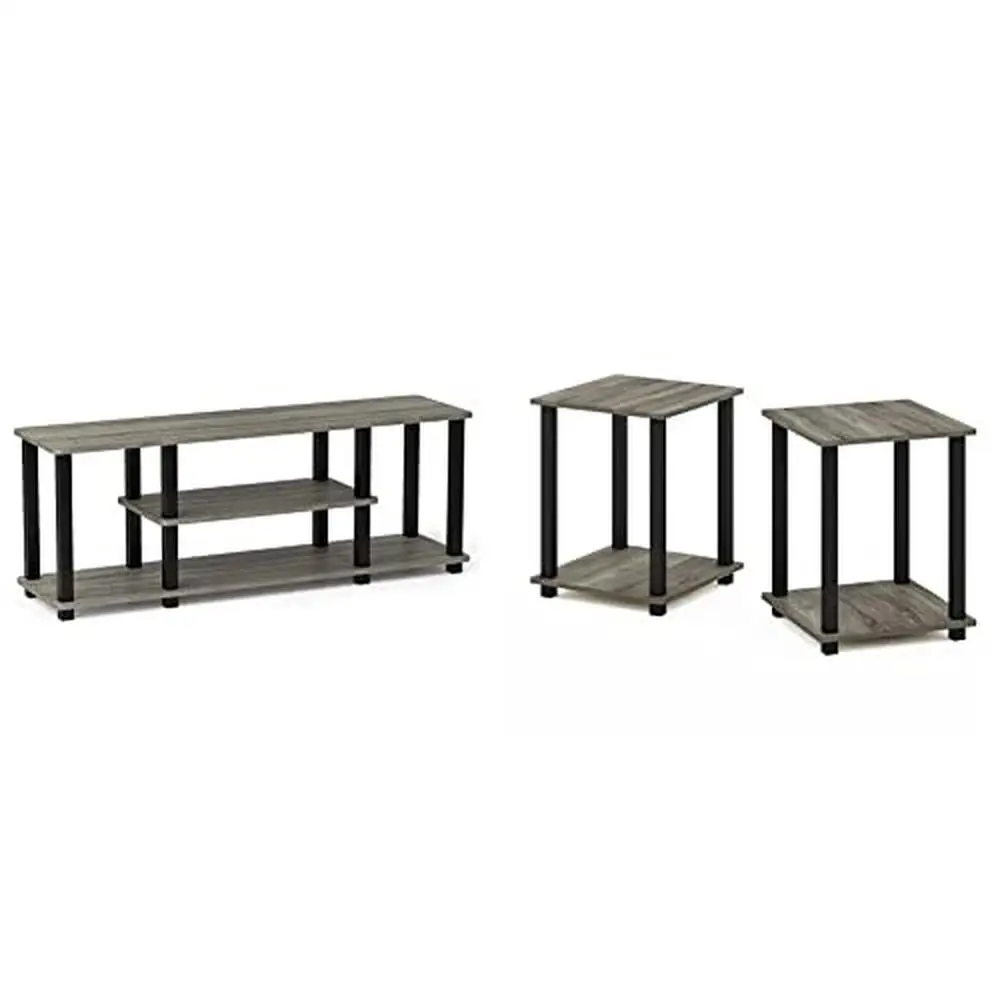 

2-Pack Simplistic Square End Tables with Shelf French Oak Grey/Black & No Tools 3D 3-Tier TV Stand Holds up to 50" TV Compact