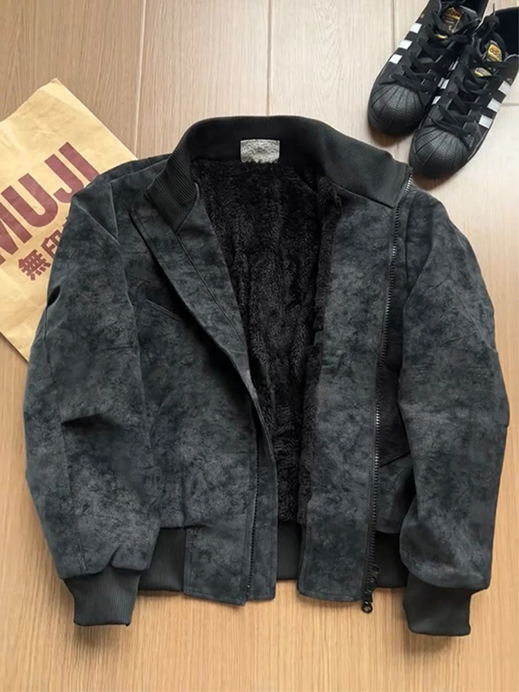 

American Dyed PU Leather Jaet Thiened Stand Collar Men's Winter Coat Faionable ort Cotton Sle Zipper Casual Wear