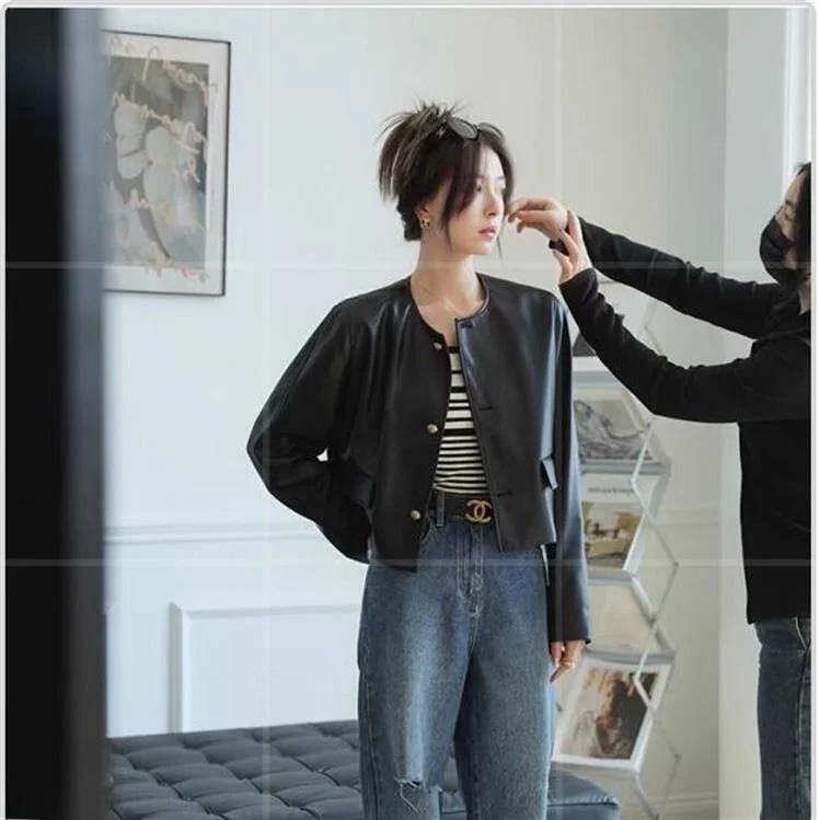 Bla PU Leather ort Jaet Women's Vintage Simple round Ne Small Gold Button Spring Versatile Top Faion Ladies Coat