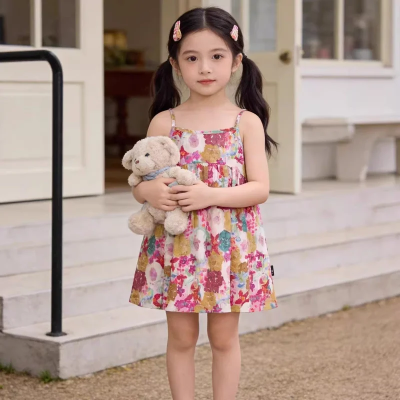 

Girls' Floral Print Suspender Dress2026New Summer Fashionable Printed Vacation-Style Beach Dress for Baby Girls