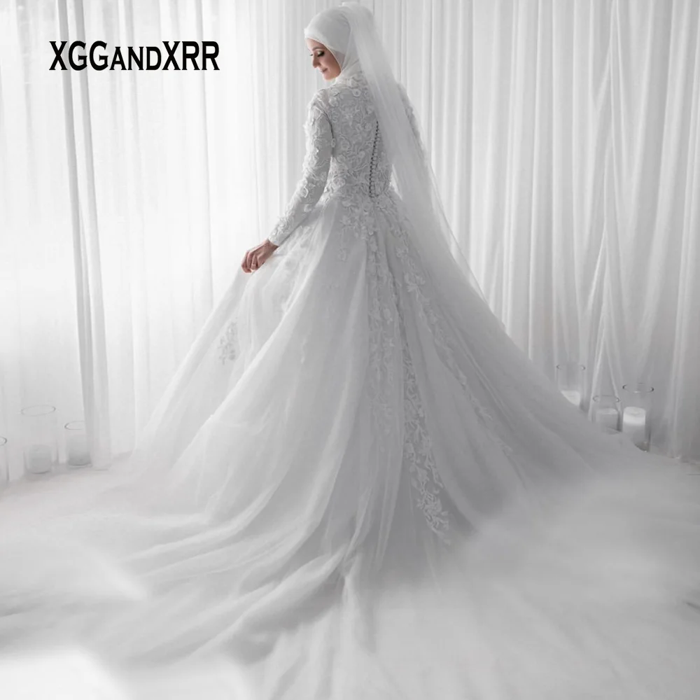 Elegant High Neck Long Sleeves Wedding Dress 2022 Muslim Bridal Gown A Line Chapel Train Lace Applique Flower Bride Formal Party