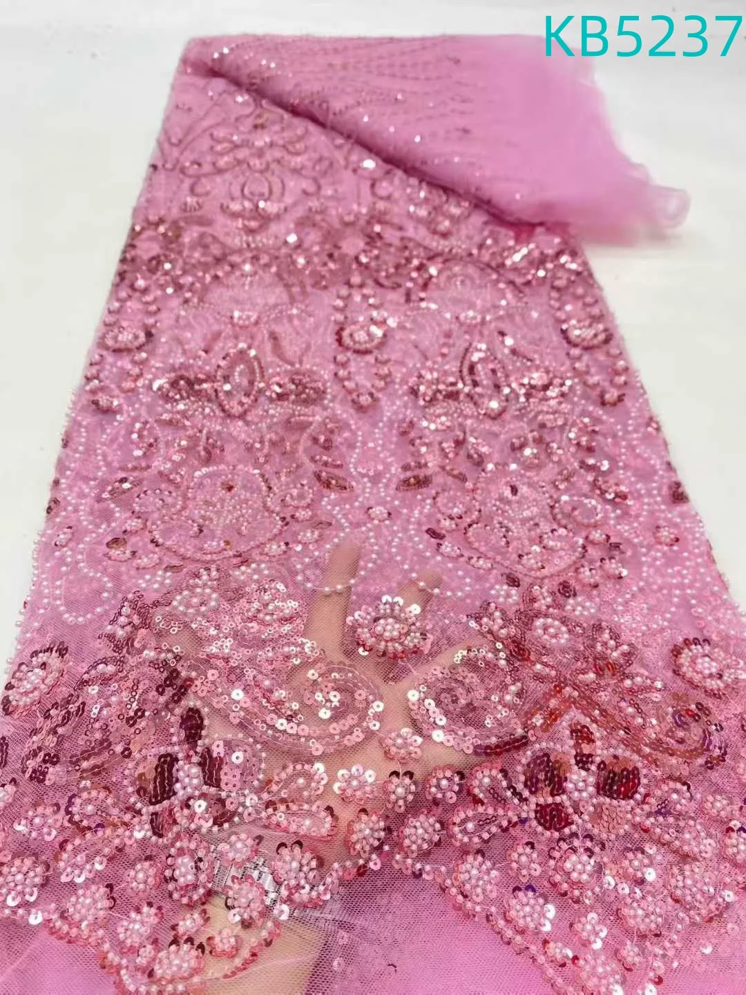 

Luxury Lace On Sale 5 Yards High Quality Burnt Orange Sequins Pink Rose Sequence Embroidery Lace Fabric for Wedding Dress KB5237