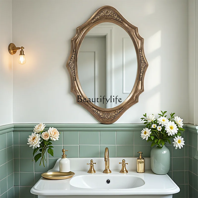 French retro bathroom light luxury wall hanging LED smart makeup mirror European entrance fireplace oval decorative mirror