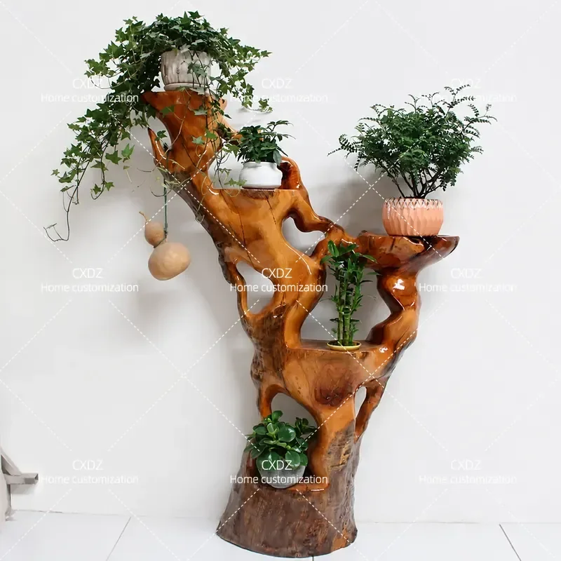 Solid Wood Root Carving Flower Stand Multi Layer Floor Plant Holder Bonsai Fish Tank Base Tree Root Display Shelf for Living