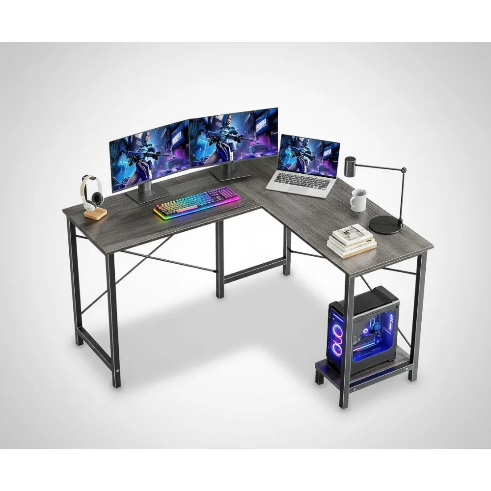 50-Inch L-Shaped Gaming Desk with CPU Shelf & Storage Bag, Corner Computer Table for Home Office Study