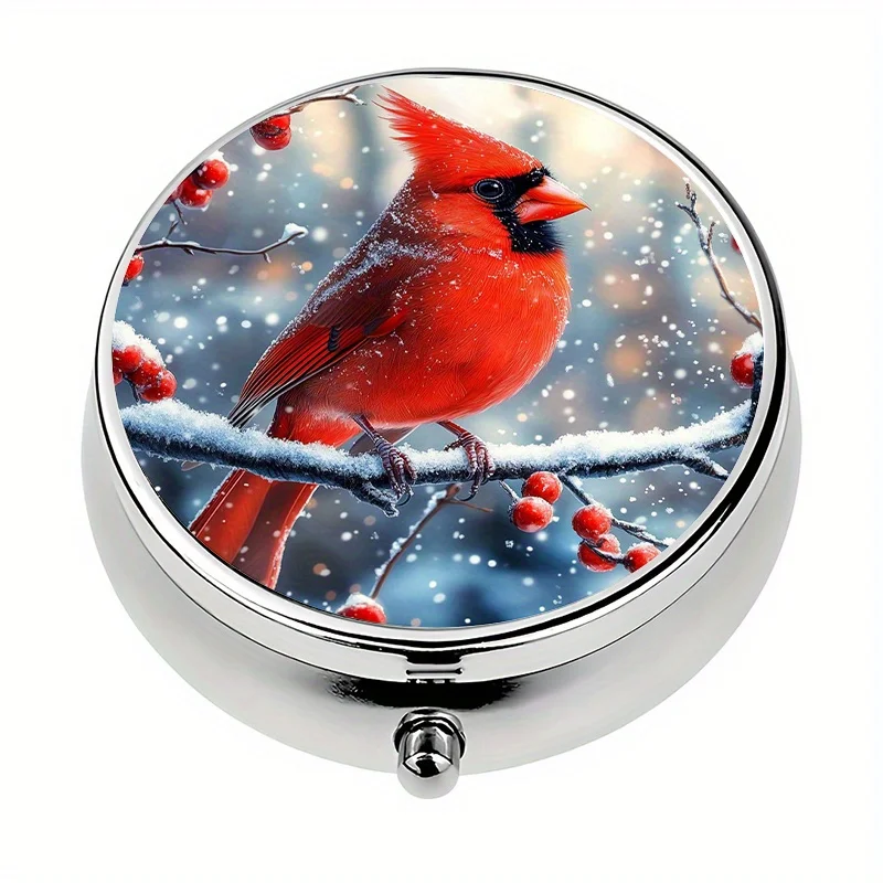 1-piece pill box with 3 compartments, winter cardinal-themed mini pill box, medication pill storage box, portable pill box, suitable for purse or wallet
