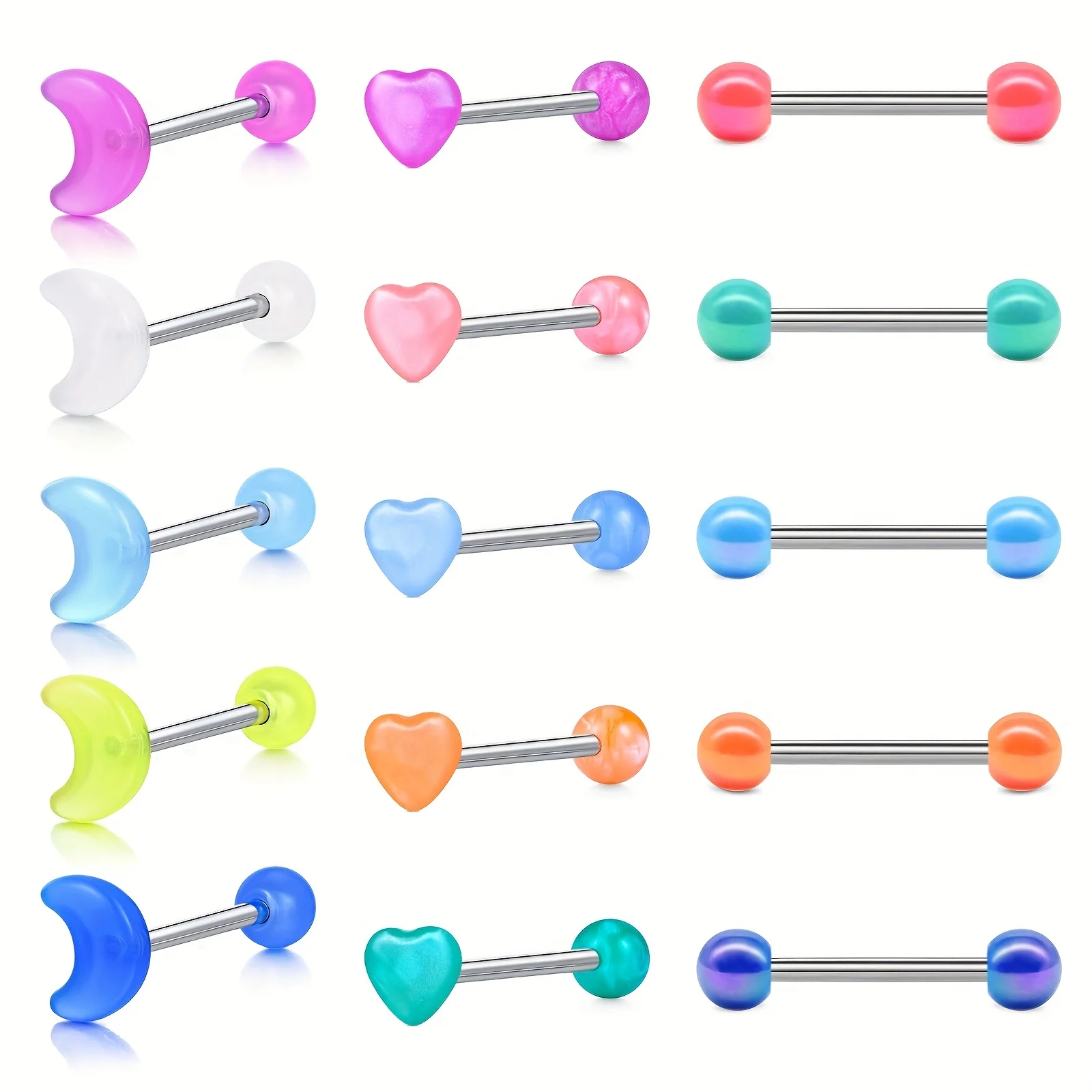 15PCS 16mm Stainless Steel Glow In The Dark Acrylic Tongue Rings, Straight Barbells Heart Moon Shape Tongue Piercing Jewelry