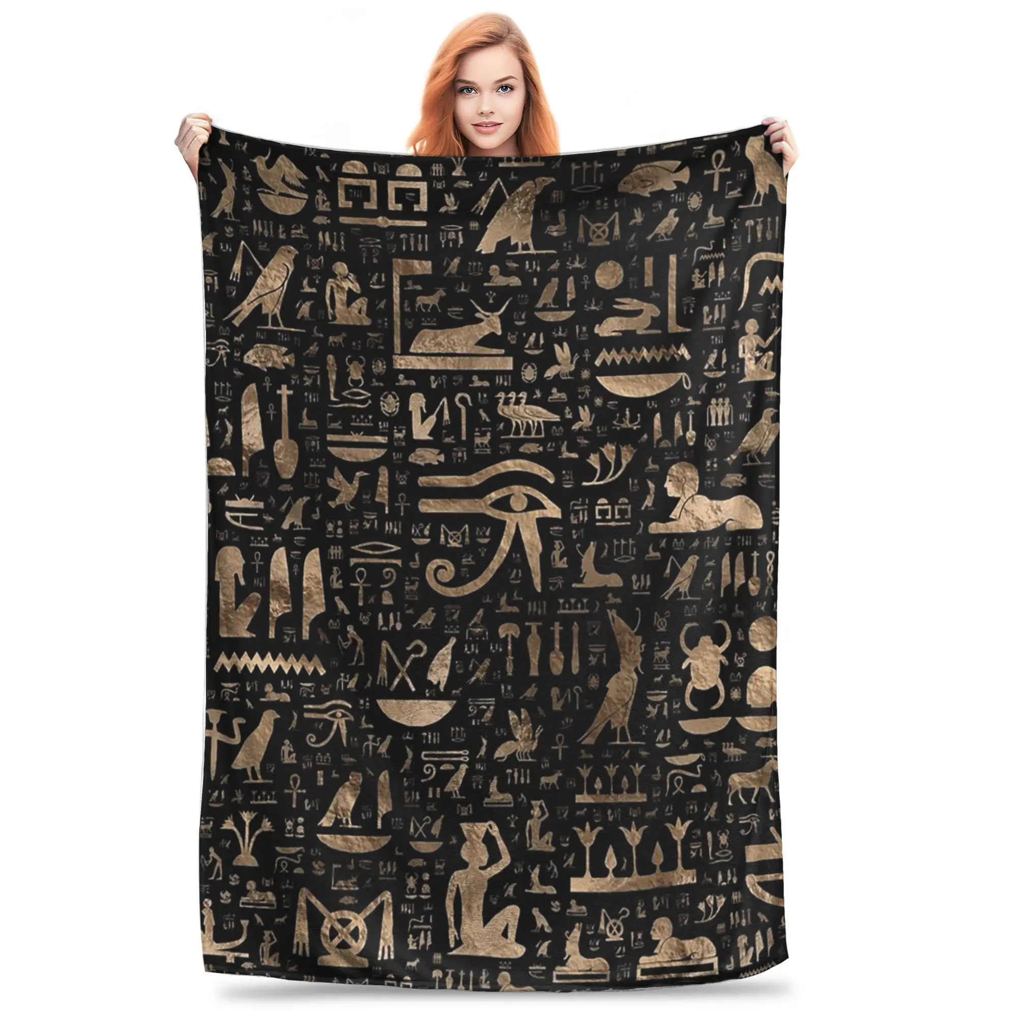 Ancient Egyptian hieroglyphs - Black and gold Blanket Soft Warm Flannel Throw Blanket Bedding for Bed Living room Picnic Travel