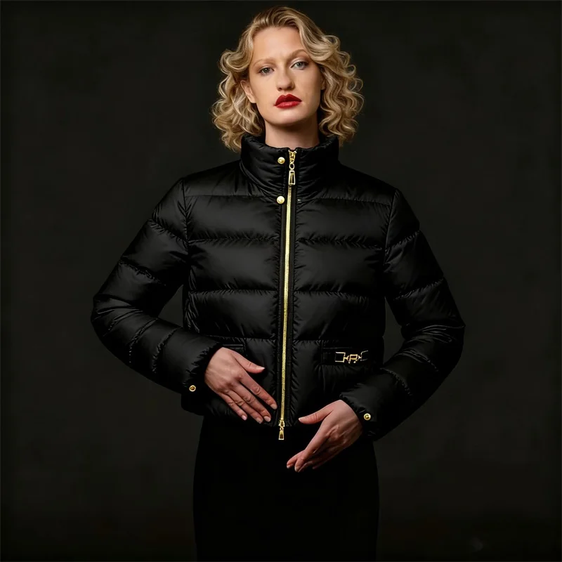 

Quilted Puffer Jacket Winter Warm Coat Faux Fur Hooded Outerwear Thick Down Parka Gold Zipper Fashion Women Newest Black Chic