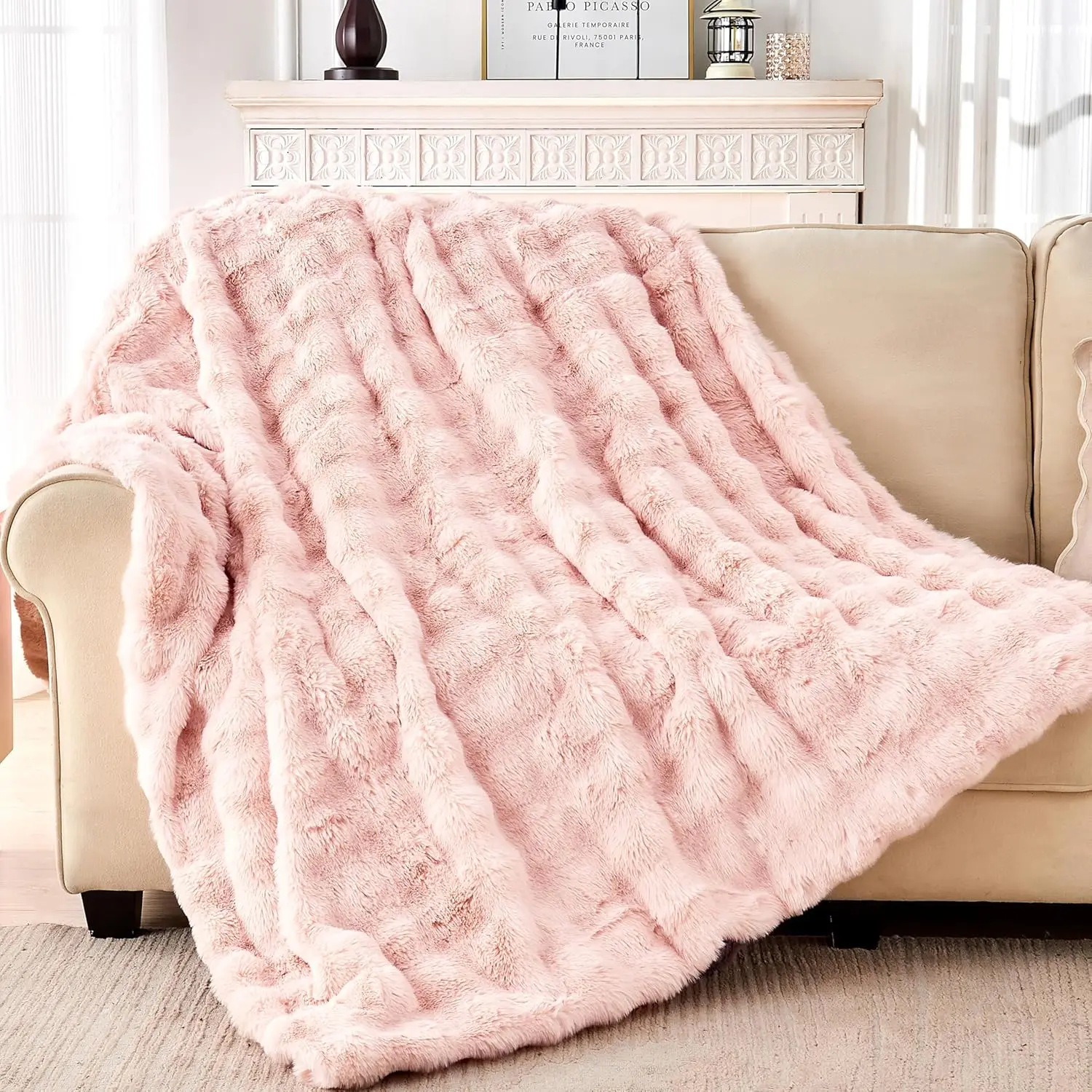 

Luxury Faux Rabbit Fur Throw Blanket, Soft Bubble Fluffy Blanket Cozy Fuzzy Throw Blankets For Bed Sofa Couch, Decorative Thi