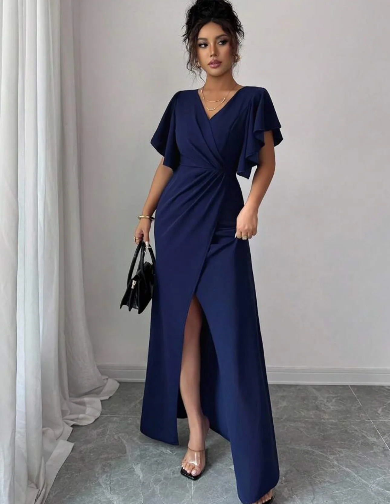 

Enchant Customized Saudi Elegant Blue Prom Gown Women's V-Neck Pleated Party Evening Dress Floor Length Formal Occasion Dresses