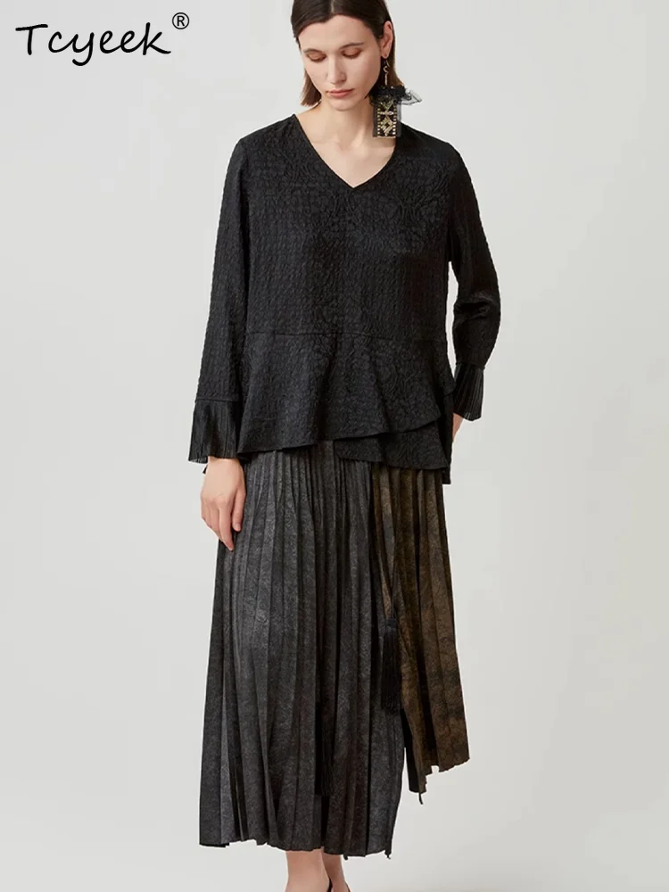 Tcyeek, 19MM 100% Jedwab Morwowy, Damska Koszula Żakardowa z Piwoniami, Dekolt w Serek, Modne Bluzki Projektantów, Wiosenne i Jesienne Topy 2024 T49904QM