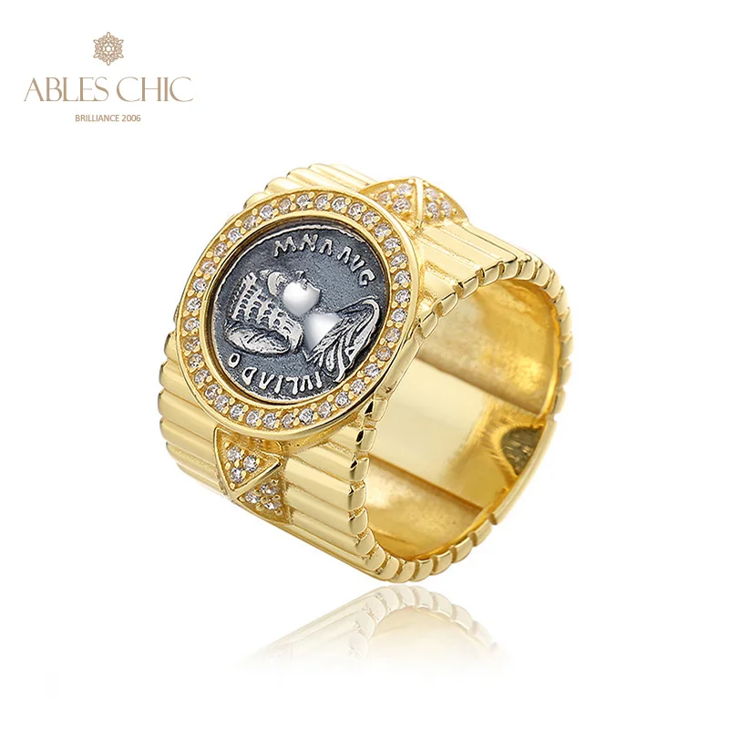 Ables Chic Ancient Roman Empress Julia Domna Silver Coin Wide 18K Gold Two Tone Solid 925 Silver Roman Coins Vintage Ring R1002