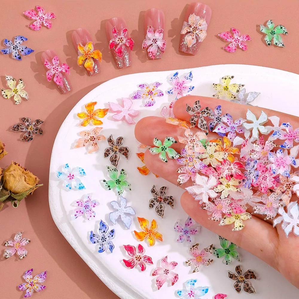 20/50 Stück 3D Gemischte Lilien-Blumen Nagelkunst-Dekoration Farbverlauf Leopardenmuster Blumen-Nagelcharms DIY Bastelzubehör Maniküre-Accessoires