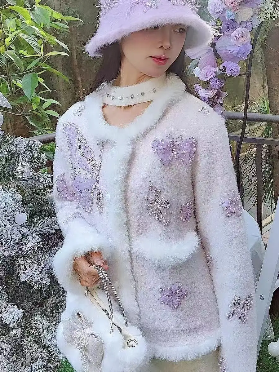 女性用パールステッチニット,ラウンドカラーカーディガンコート,長袖セーター,ニットジャケット,ラグジュアリースタイルのアウター