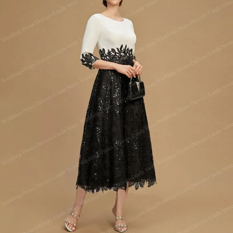 Sparkle Sequins Mother of the Bride Dresses Lace Boat-Neck Tea-Length A-Line Elegant Wedding Guest Party for Women 2023 Evening