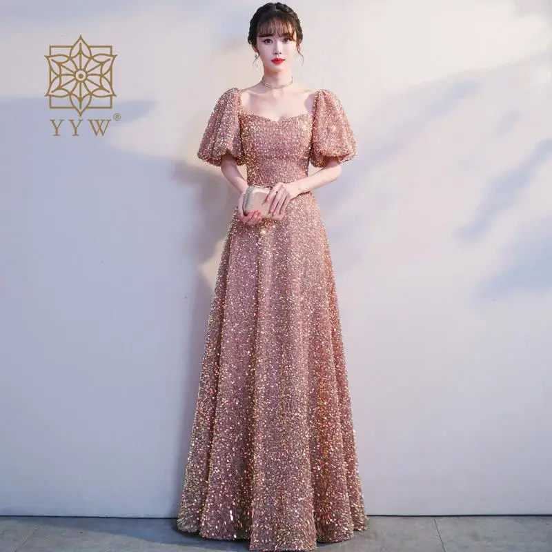 Robe rose à manches bouffantes pour femme, robe de soirée, robe de cocktail, robe de demoiselle d'honneur, robe de soirée, robe de Rhscintillante, robe de soirée formelle, robe de mariée